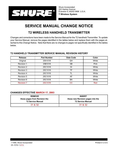 SERVICE MANUAL CHANGE NOTICE