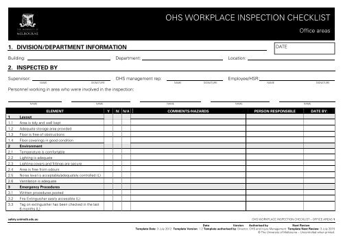 ohs workplace inspection checklist - Safety - University of Melbourne