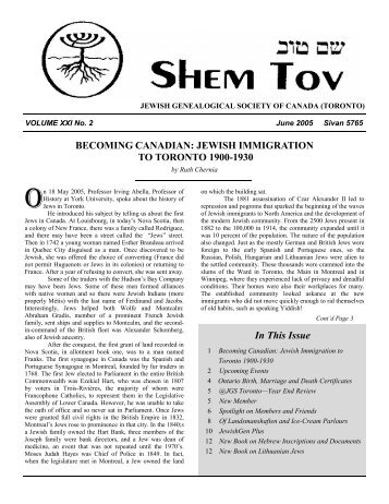 Shem Tov, Vol. XXI No. 2, 2005-06 - The Jewish Genealogical ...
