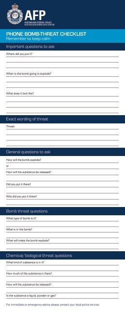 Printable Telephone Bomb Threat Checklist