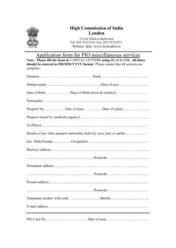 Application form for PIO miscellaneous services - High Commission ...