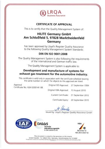 Certificate DIN EN ISO 9001 - Hilite International