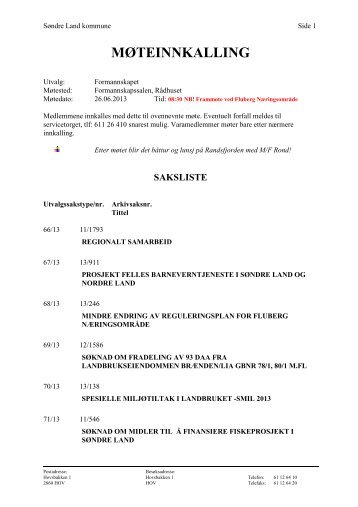 MÃ¸teinnkalling og saksliste - SÃ¸ndre Land kommune