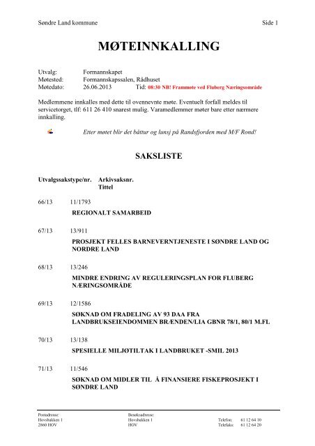 MÃ¸teinnkalling og saksliste - SÃ¸ndre Land kommune