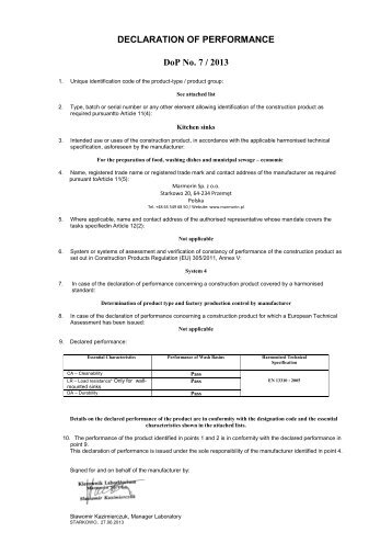 DECLARATION OF PERFORMANCE DoP No. 7 / 2013