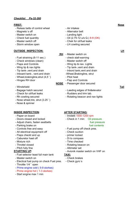 Checklist Pa-32-260 FIRST: Nose - Releas belts ... - flightcooperation