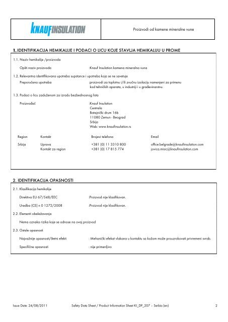 MSDS Kamena mineralna vuna - Knauf Insulation