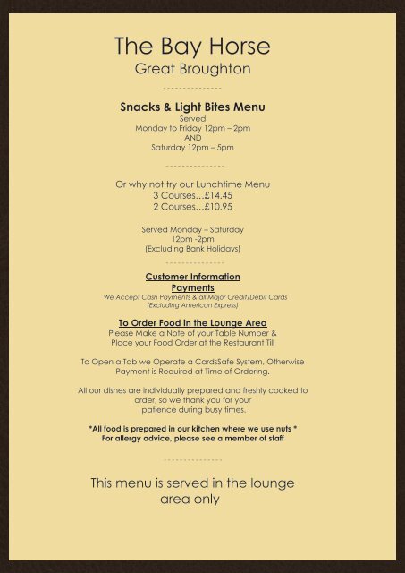 The Bay Horse - Sandwiches & Snacks Menu
