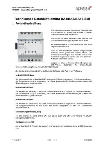 Technisches Datenblatt ombra BA4/BA8/BA16-SMI - spega.de