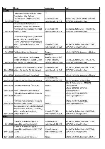 koolituskava elamusse veebruar 2011x - Eesti KorteriÃ¼histute Liit