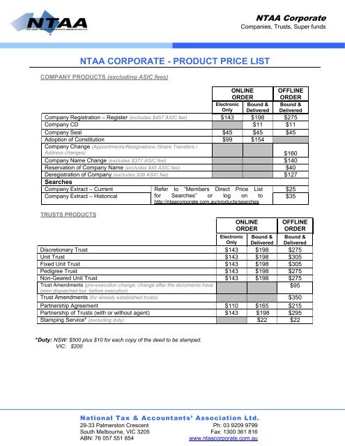 Download product price list - NTAA 