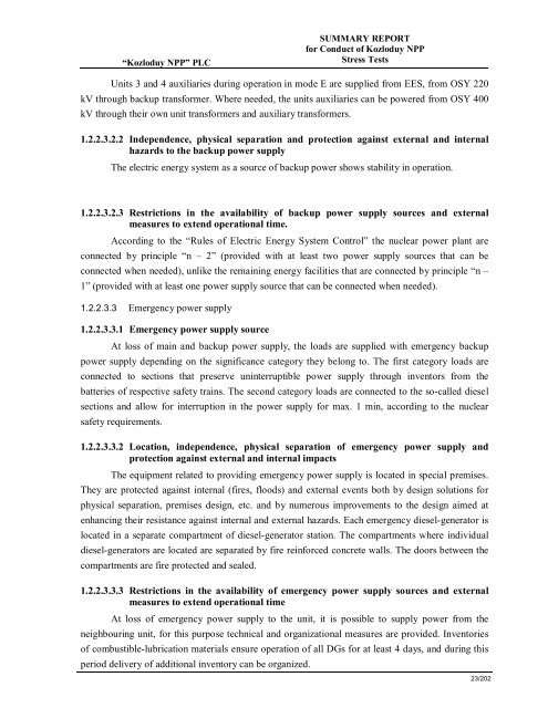 Summary Report for Conduct of Kozloduy NPP Stress Tests