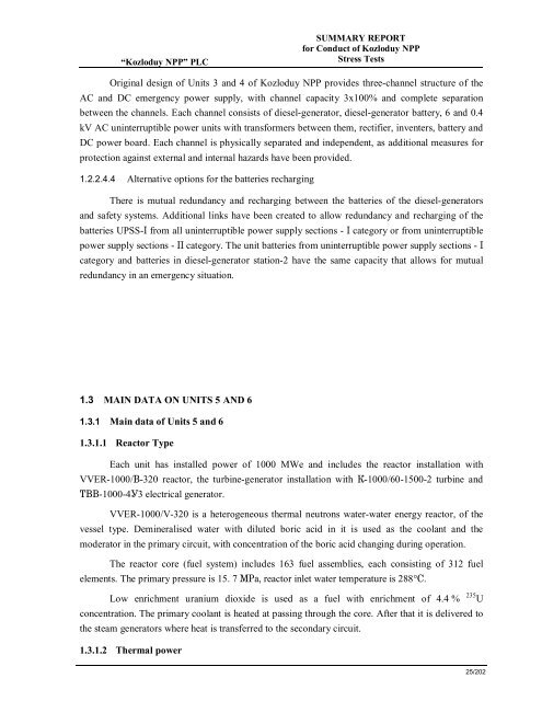 Summary Report for Conduct of Kozloduy NPP Stress Tests