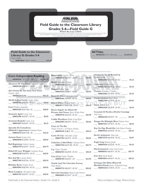 Field Guide to the Classroom Library Grades 5-6 ... - Perma-Bound