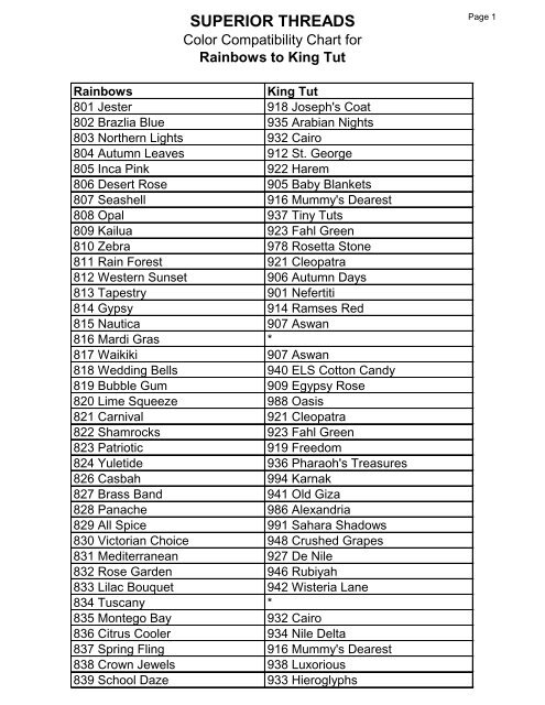 King Tut Thread Color Chart