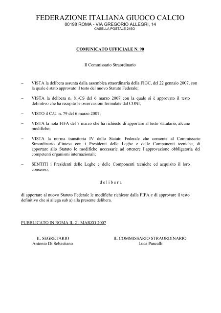Statuto FIGC con le modifiche richieste dalla FIFA ... - Diritto Calcistico