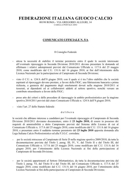 Termine presentazione domande ripescaggio 2 Divisione