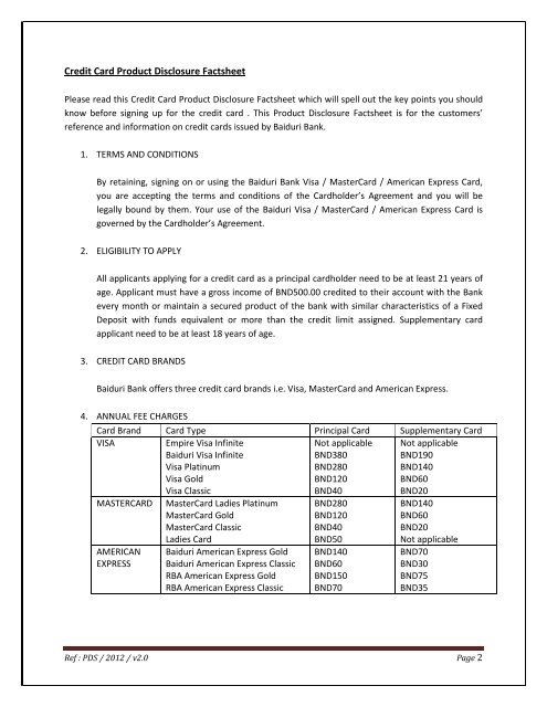 CREDIT CARD PRODUCT DISCLOSURE FACTSHEET - Baiduri Bank