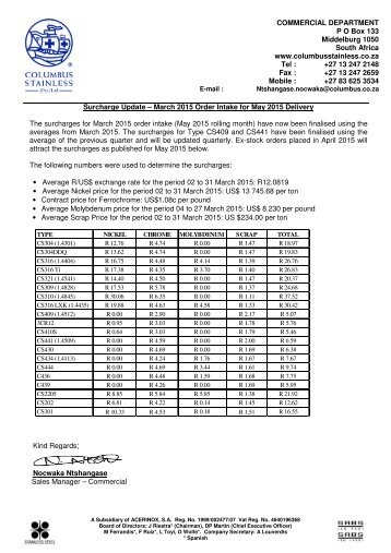 Domestic Market Surcharge Update - Sep 2013 Order Intake