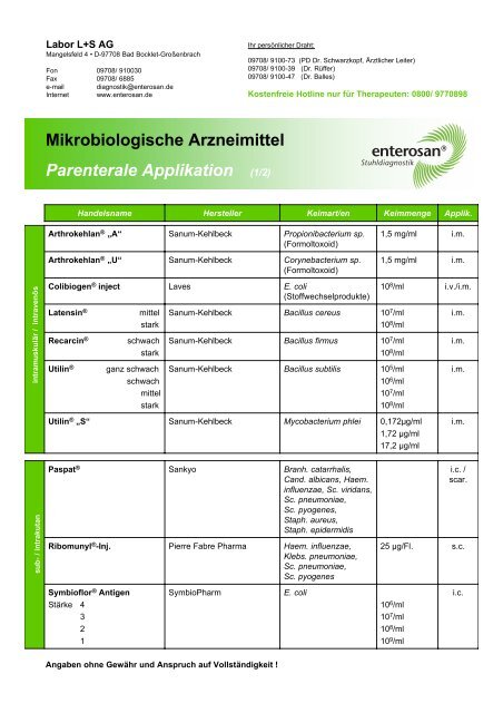 Mikrobiologische Arzneimittel Parenterale Applikation (1 ... - Enterosan