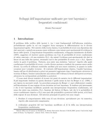 Sviluppi dell'impostazione unificante per test bayesiani e frequentisti ...