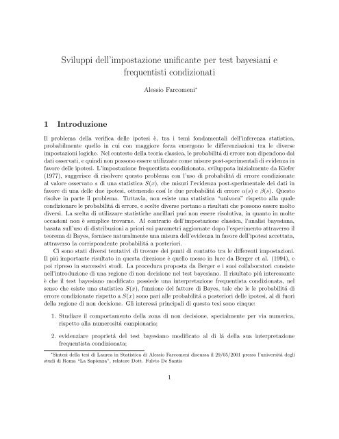 Sviluppi dell'impostazione unificante per test bayesiani e frequentisti ...