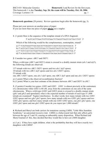 BSCI 410 Molecular Genetics Homework 1 and Review for the first ...