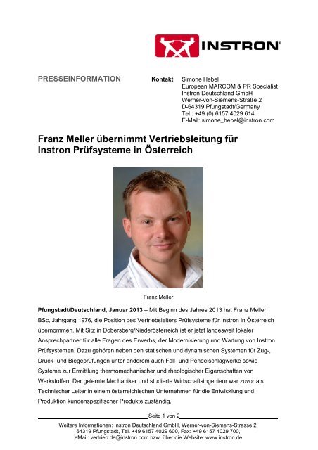 Franz Meller übernimmt Vertriebsleitung für Instron ... - Chemie.at
