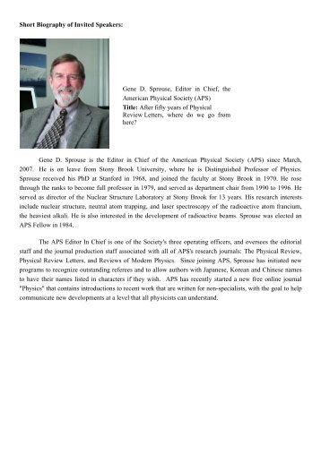 Short Biography of Invited Speakers: Gene D. Sprouse is the Editor ...