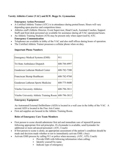 Emergency Action Plan Viterbo University Athletics