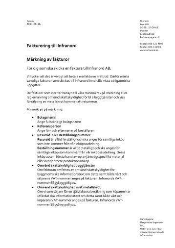 Fakturering till Infranord Märkning av fakturor - Infranord.se
