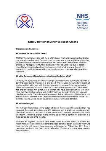 SaBTO Review of Donor Selection Criteria - Scottish National Blood ...