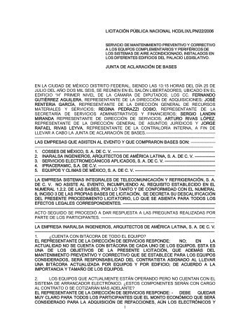 licitaciÃ³n pÃºblica nacional hcd/lix/lpn/22/2006 junta de aclaraciÃ³n de ...