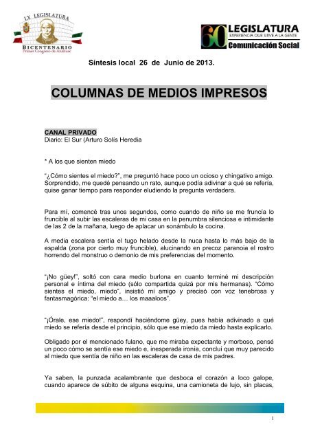 Columnas De Medios Impresos Congreso Del Estado De Guerrero - 