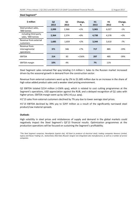 US GAAP results press-release (Q2 2013) - NLMK Group