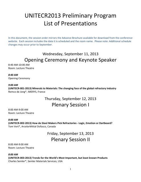 Preliminary Program - UNITECR 2013