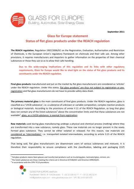 Glass for Europe statement Status of flat glass products under the ...