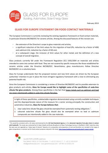 glass for europe statement on food contact materials