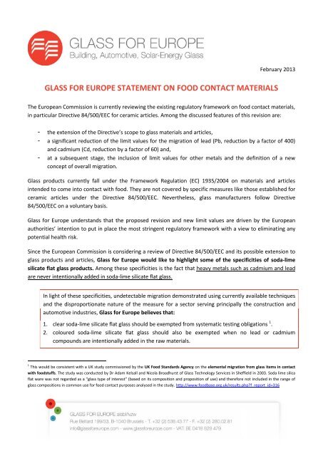 glass for europe statement on food contact materials
