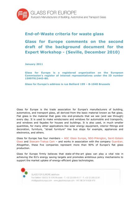 End-of-Waste criteria for waste glass Glass for Europe comments on ...