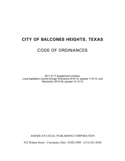 CITY OF BALCONES HEIGHTS, TEXAS CODE OF ORDINANCES