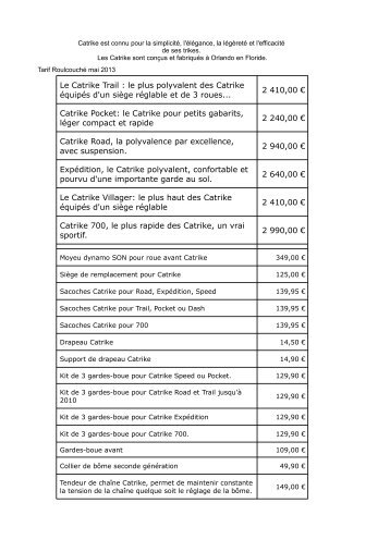 Tarifs complets Catrike Mai 2013 - RoulcouchÃ©