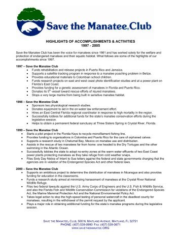 Accomplishments 1997 - 2005 - Save the Manatee Club