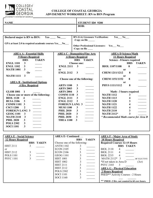 RN to BSN Worksheet - The College of Coastal Georgia