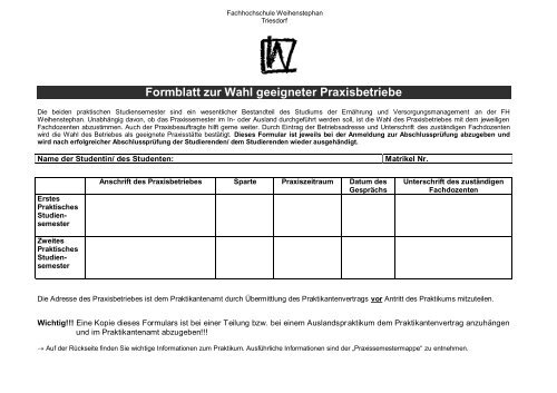 Formblatt zur Wahl geeigneter Praxisbetriebe - Praktikantenamt ...