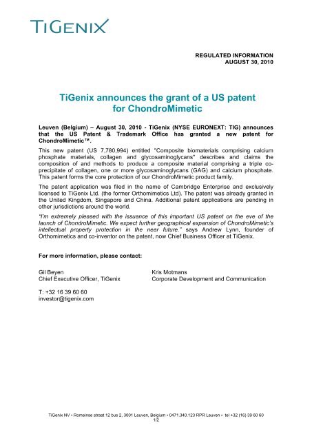 TiGenix announces the grant of a US patent for ChondroMimetic