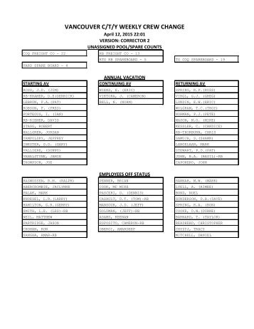 VANCOUVER C/T/Y WEEKLY CREW CHANGE - TCRC 320