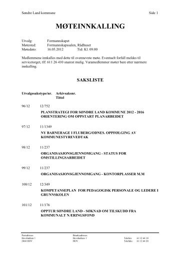 MÃ¸teinnkalling og sakliste - SÃ¸ndre Land kommune