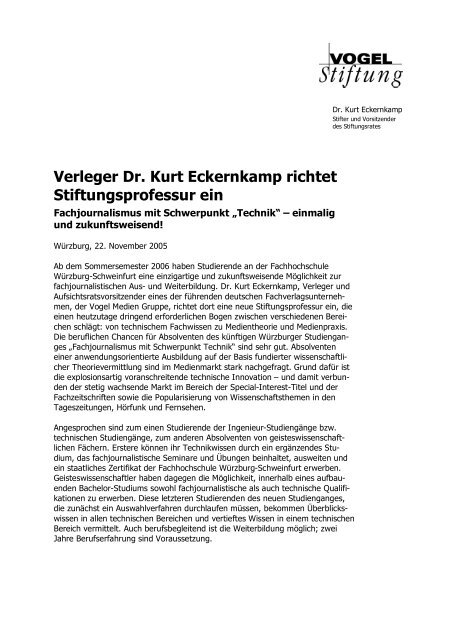 Verleger Dr. Kurt Eckernkamp richtet Stiftungsprofessur ein