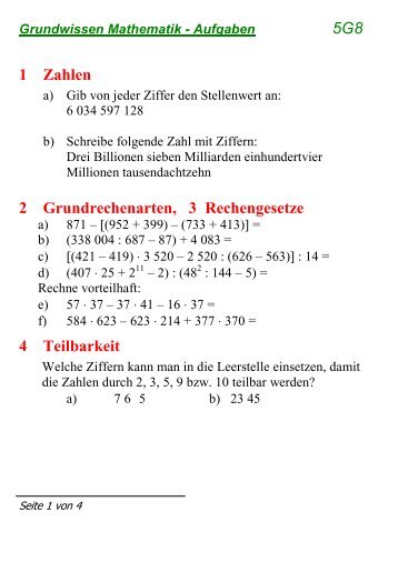 5G8 1 Zahlen 2 Grundrechenarten, 3 Rechengesetze 4 Teilbarkeit